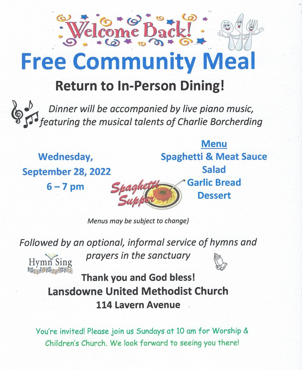 Free In-person Community Meal - Sept. 28, 6 pm - Lansdowne UMC