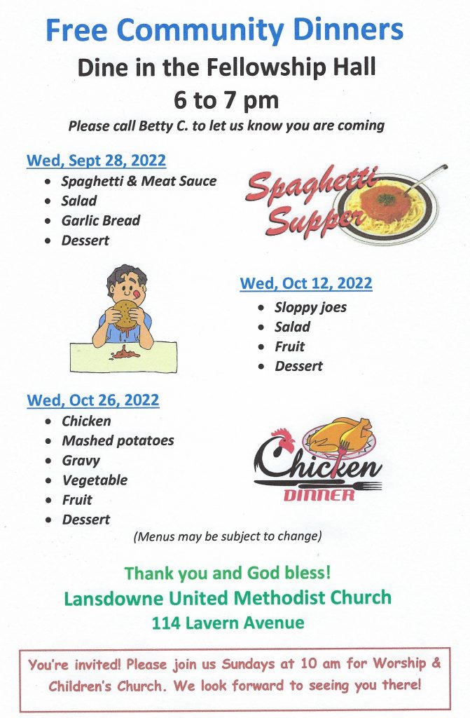 Free Community Dine-in Meals - Sept 28, Oct 12 & 26 - Lansdowne UMC